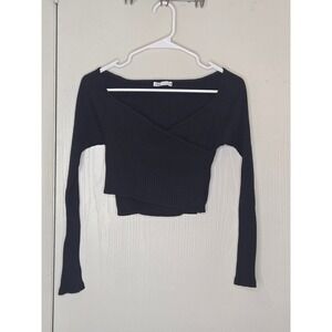 Zara Black Ribbed Knit Wrap Crop Top Long Sleeve Sweetheart Neck Womens Size M